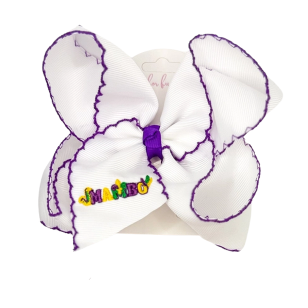 Large white bow with purple trim and colorful text on a white background