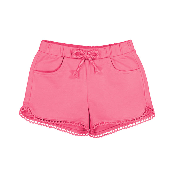 elastic waist knit pull on short with front pockets, chenille lace trim and faux bow tie 