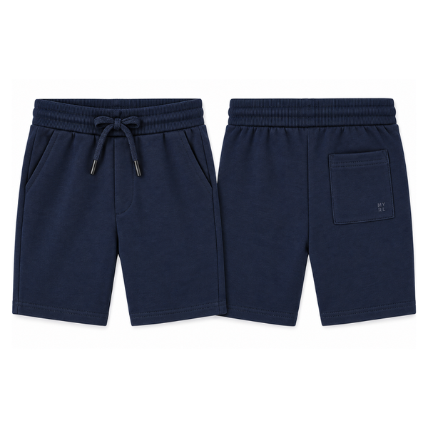 A pair of navy blue sweat shorts shown from both the front and back views.The front view shows a drawstring waistband, side pockets, and the side seam.