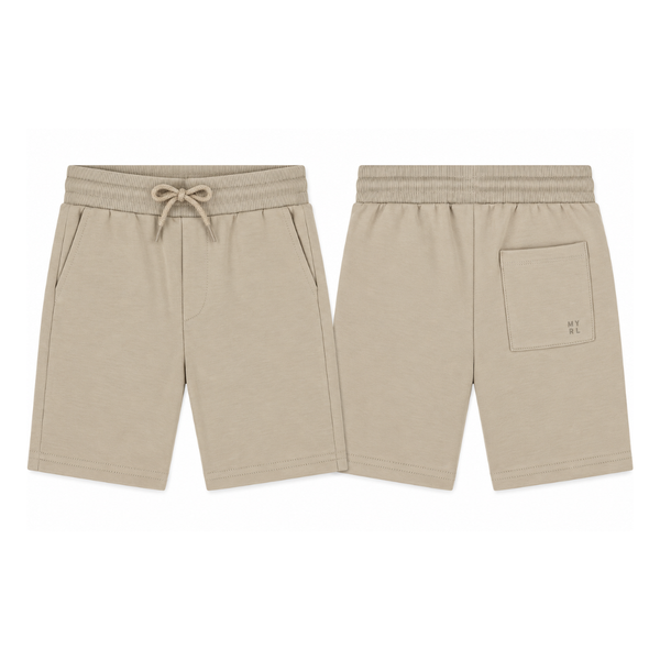 A pair of tan sweat shorts shown from both the front and back views.The front view shows a drawstring waistband, side pockets, and the side seam.