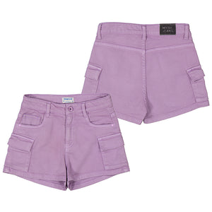 Lilac color Denim fabric jean short with front and side cargo pocket, button and zipper