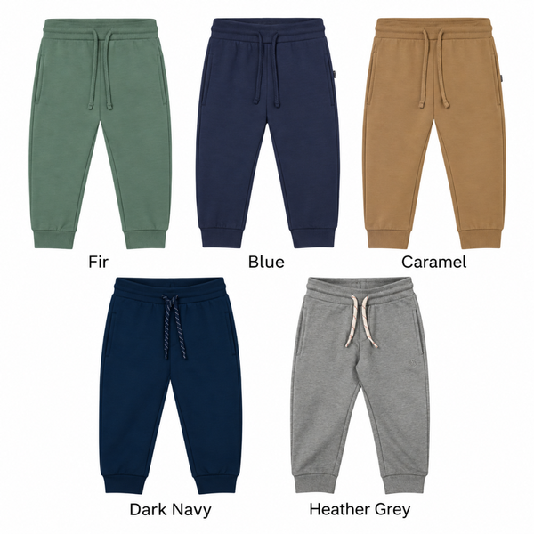 All four colors of the Baby Basic Fleece Joggers. Fir, Blue, Caramel, Dark Navy, Heather Grey