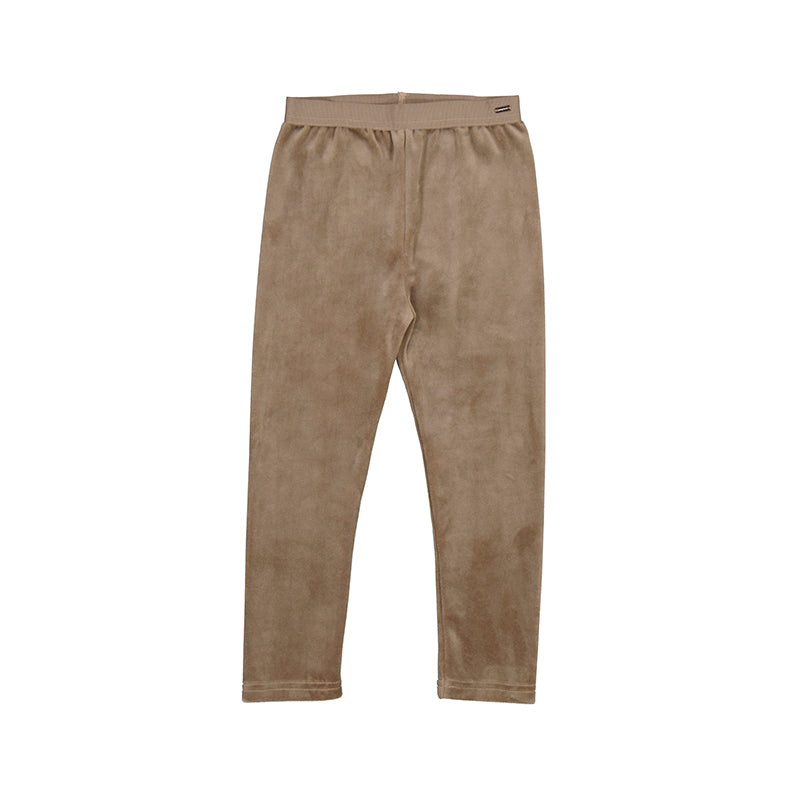 Brown soft velvet leggings with a stretchy waistband and a cozy feel