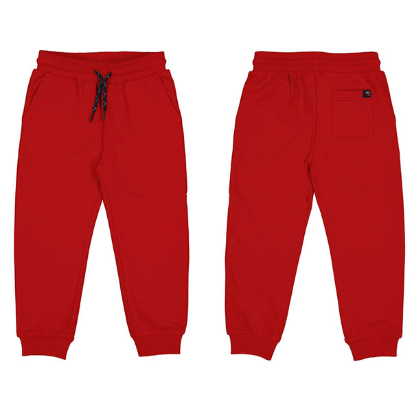 True red boy fleece jogger with slant front pockets and back patch pocket. elastic waist and working waist tie