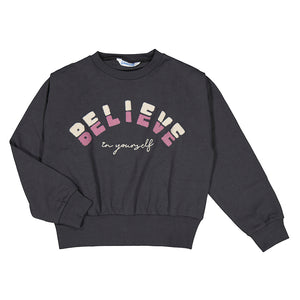 Dark grey girl's sweatshirt with the words Believe in Yourself in creme and mauve