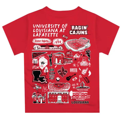 Ragin’ Cajuns kids t-shirt featuring University of Louisiana at Lafayette campus icons in white, black, and red on back
