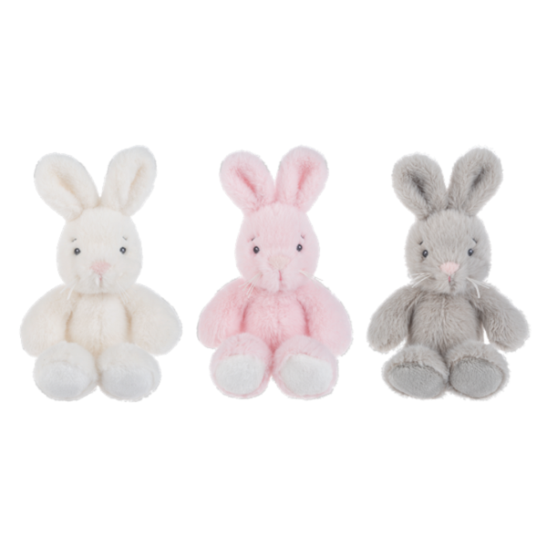 Three plush bunny stuffed animals in cream, pink, and gray sitting side by side on black background.
