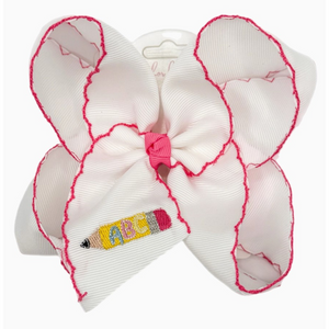 White grosgrain hair bow with hot pink stitched edges and embroidered yellow pencil featuring ABC lettering on the tail.