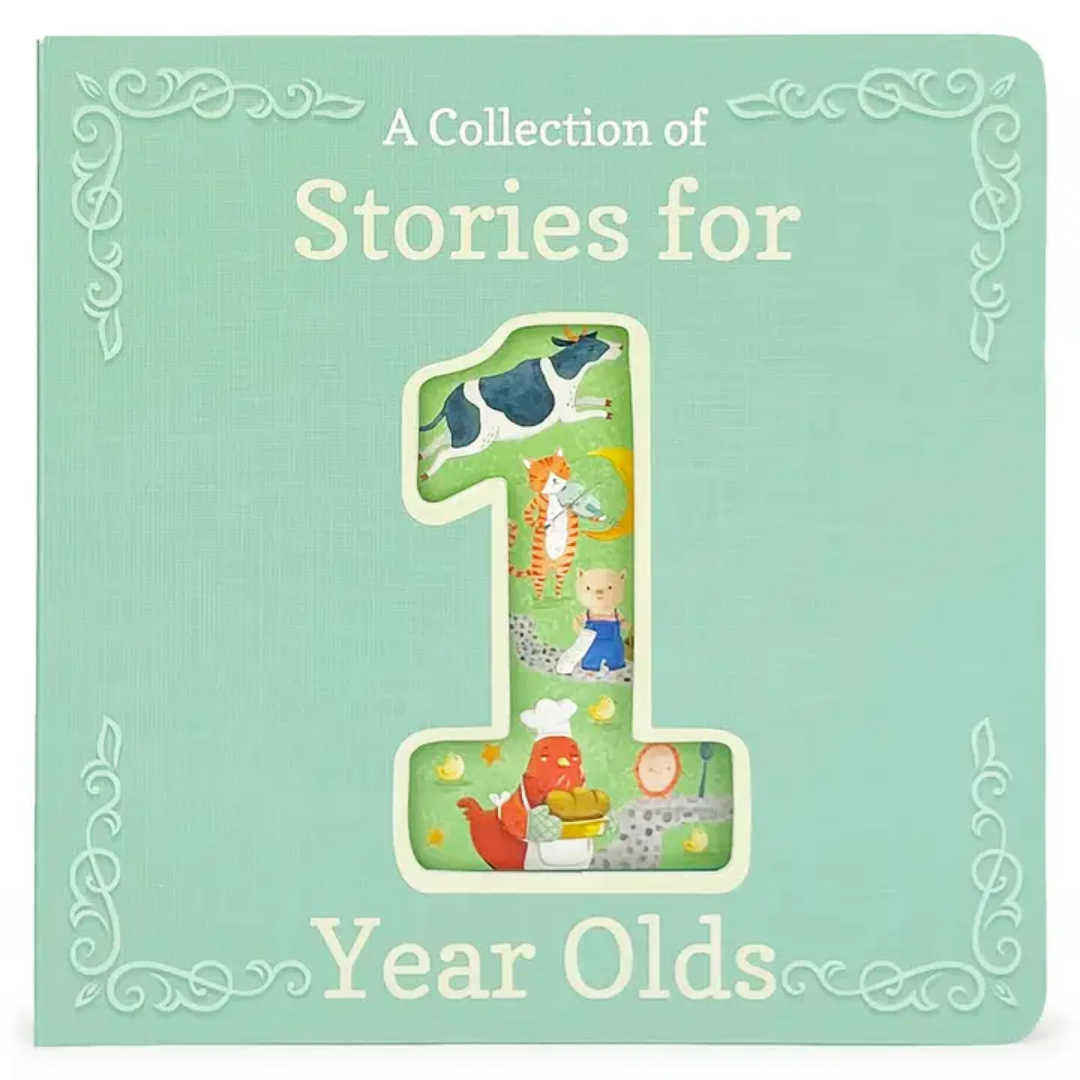 Mint-green board book titled “A Collection of Stories for 1 Year Olds” with a cutout number 1 showing playful illustrations.