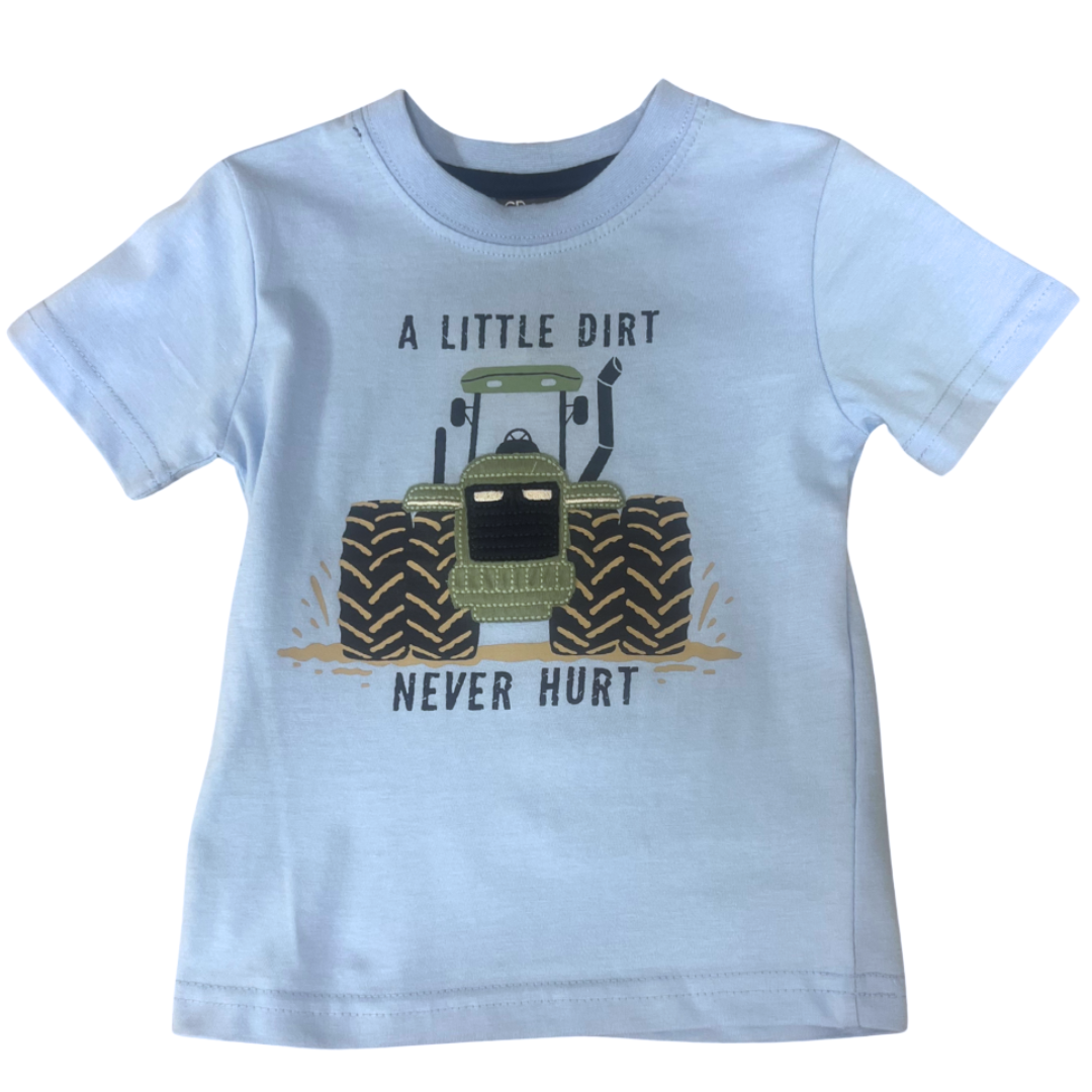 light blue short sleeve tee with a tractor graphic with words that say a little dirt never hurt.
