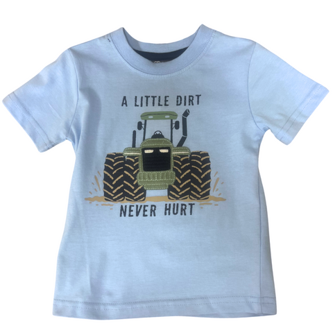 light blue short sleeve tee with a tractor graphic with words that say a little dirt never hurt.
