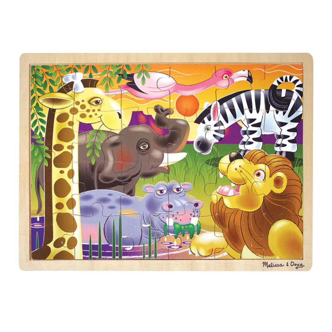 Wooden jigsaw puzzle featuring colorful illustrations on a sturdy wooden board.
