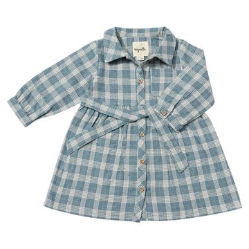 Blue Plaid Button-Front Belted Dress – Long Sleeve