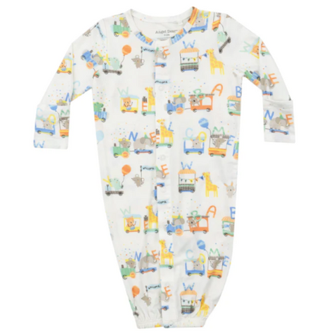 White gown with trains, animals, and alphabet