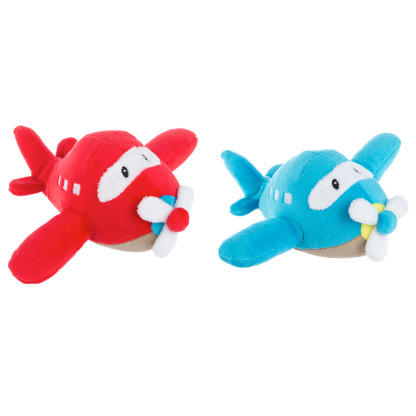 Colorful plush airplane toys with smiling faces, soft fabric, and propeller details in red and blue tones.