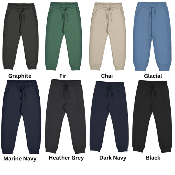 Kids jogger pants in multiple colors with elastic waistband, drawstring, and cuffed ankles