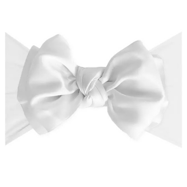 White satin Baby Bling FAB headband with oversized knot bow