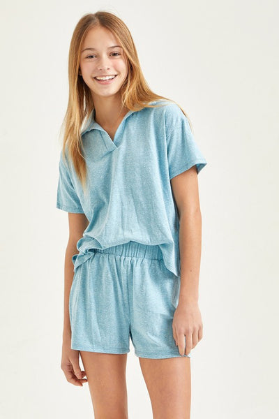 Baby Blue Collared Top and Shorts Matching Set