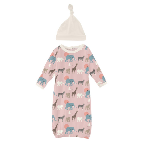 Baby Rose Just So Animals Layette Gown and Single Knot Hat Set