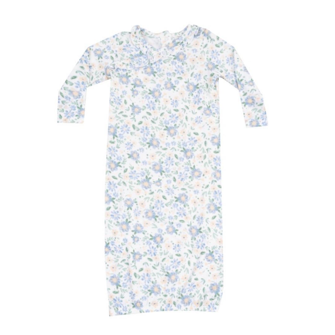 blue, yellow, and green floral gown.