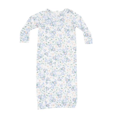 blue, yellow, and green floral gown.