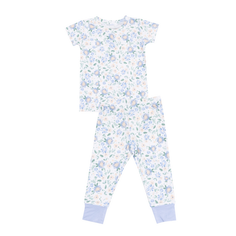blue, yellow, and green and floral print pajama set. 