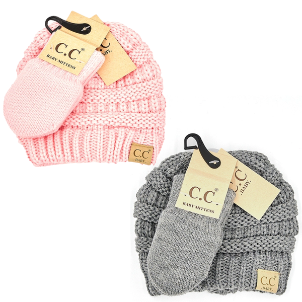Pink and gray knitted baby hat and mittens  sets with C.C. brand tags on a white background