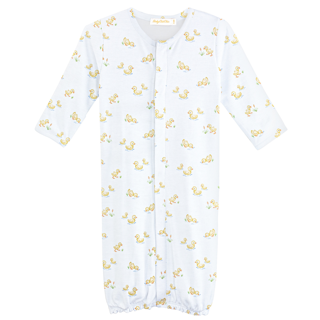 white converter gown with yellow ducks