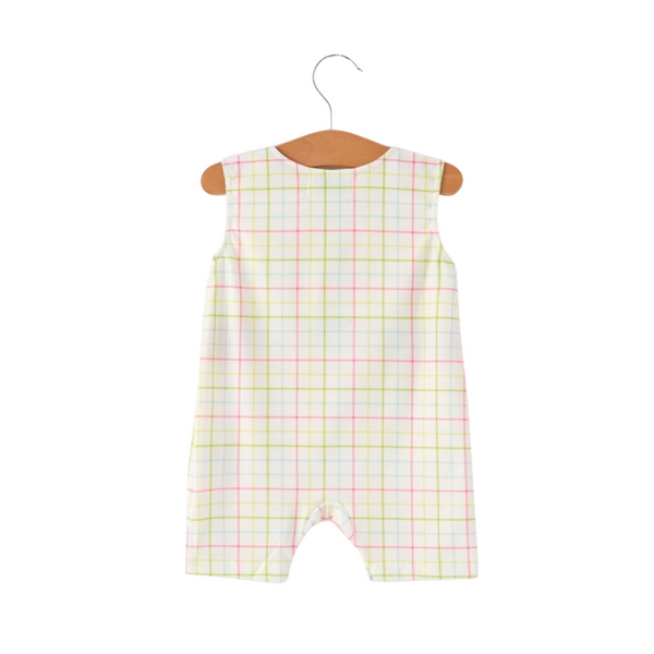 Back view of sleeveless boys' romper in pastel plaid with no embellishments or buttons visible.