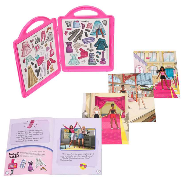 Barbie fashion design book with magnetic clothes and accessories on a white background