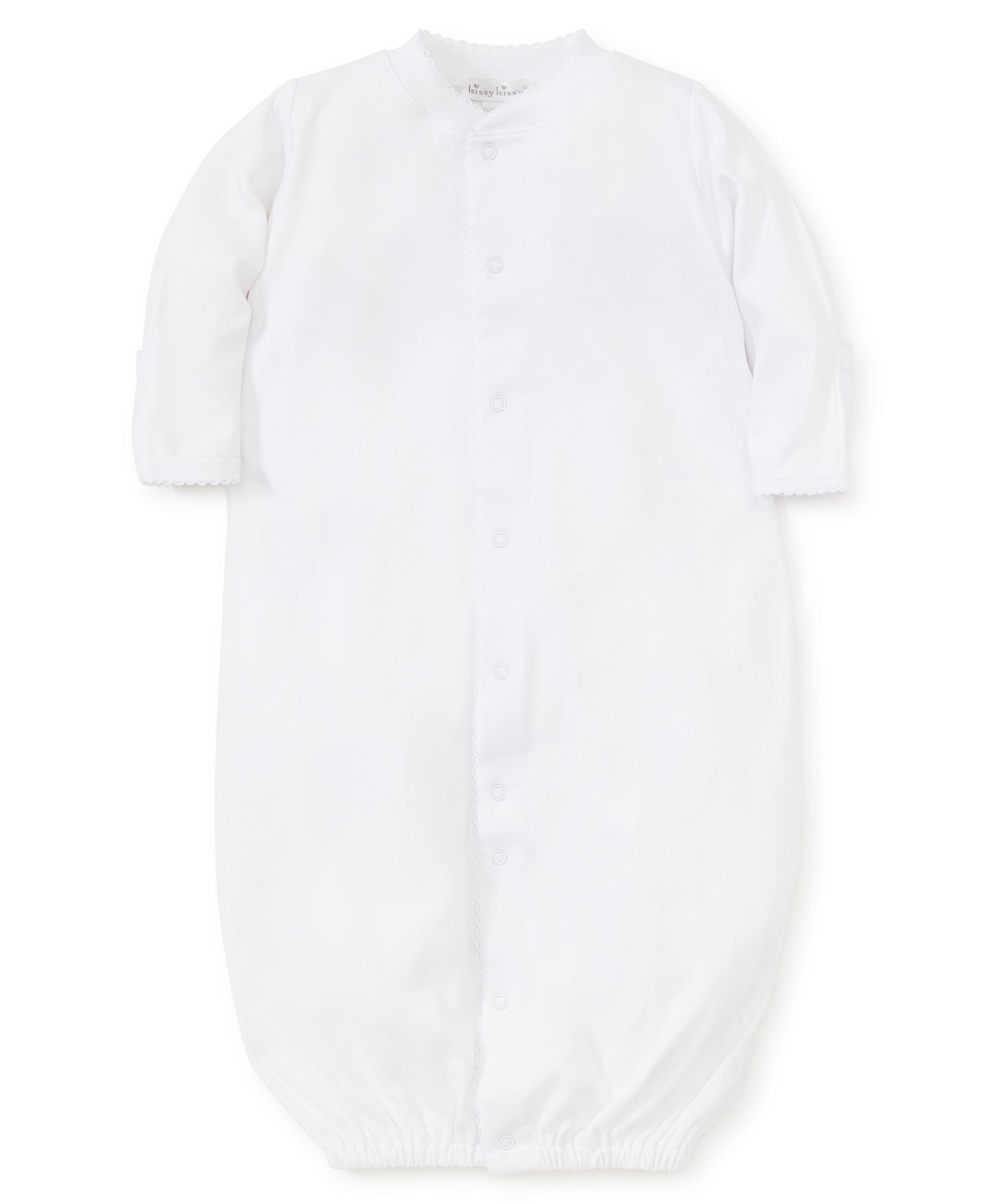 White converter gown with white picot trim made from 100% Peruvian Pima cotton.