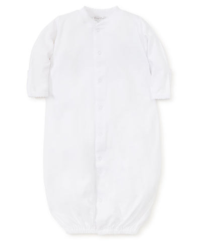 White converter gown with white picot trim made from 100% Peruvian Pima cotton.