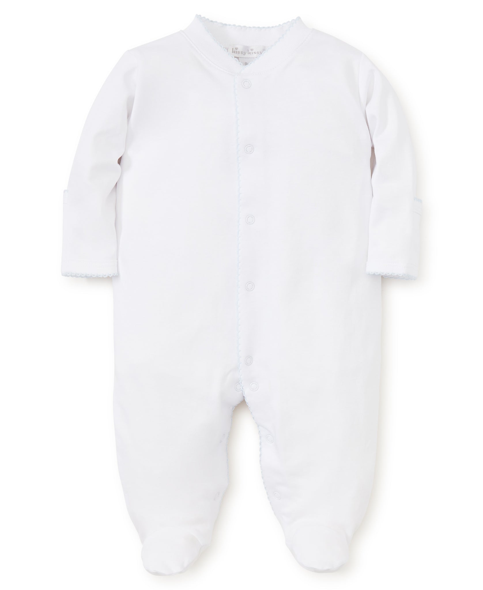 White baby footie with blue trim made from 100% Peruvian Pima cotton.