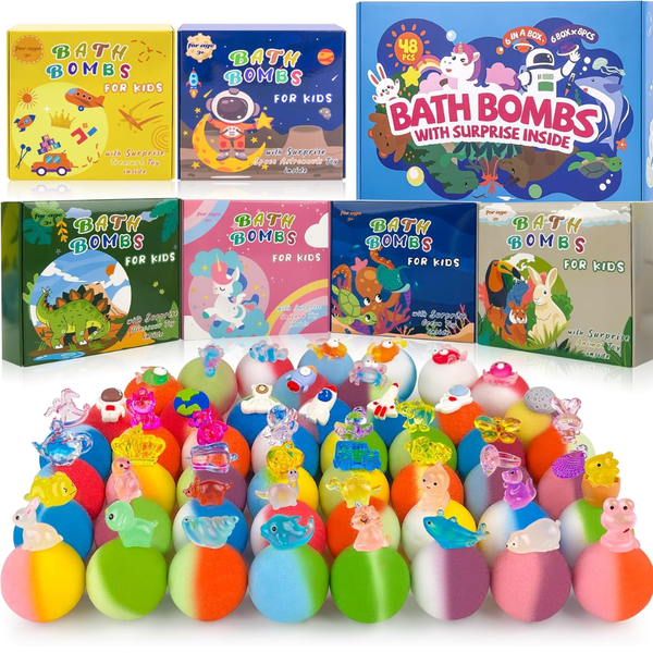 Colorful assortment of kids’ bath bombs with surprise collectible toys displayed in front of themed bath bomb gift boxes.