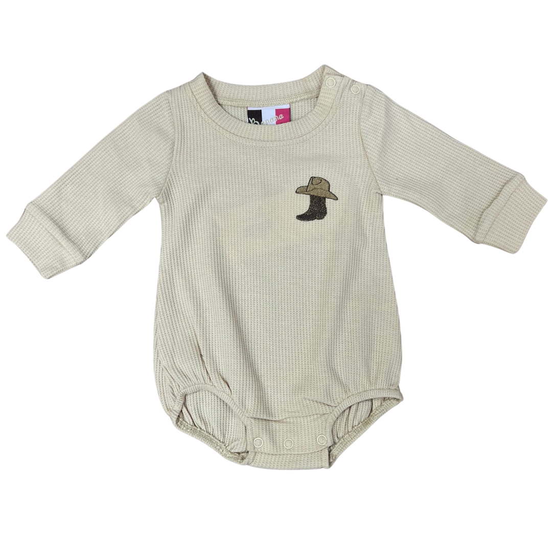 long sleeve waffle knit onesie with bottom snaps.  Features an embroidery of a cowboy boot and hat on the left breast side.
