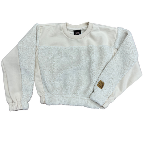 Beige knit cropped to the waist top with matching color sherpa inserts