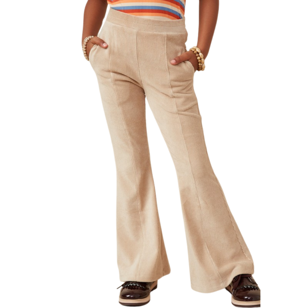 beige ribbed knit corduroy stretch pants.  Wide leg with center front pintuck seam from waistband to hem.  Slant pockets and non gathered waistband
