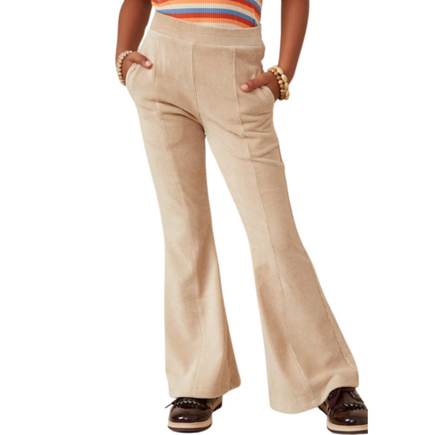 beige ribbed knit corduroy stretch pants.  Wide leg with center front pintuck seam from waistband to hem.  Slant pockets and non gathered waistband
