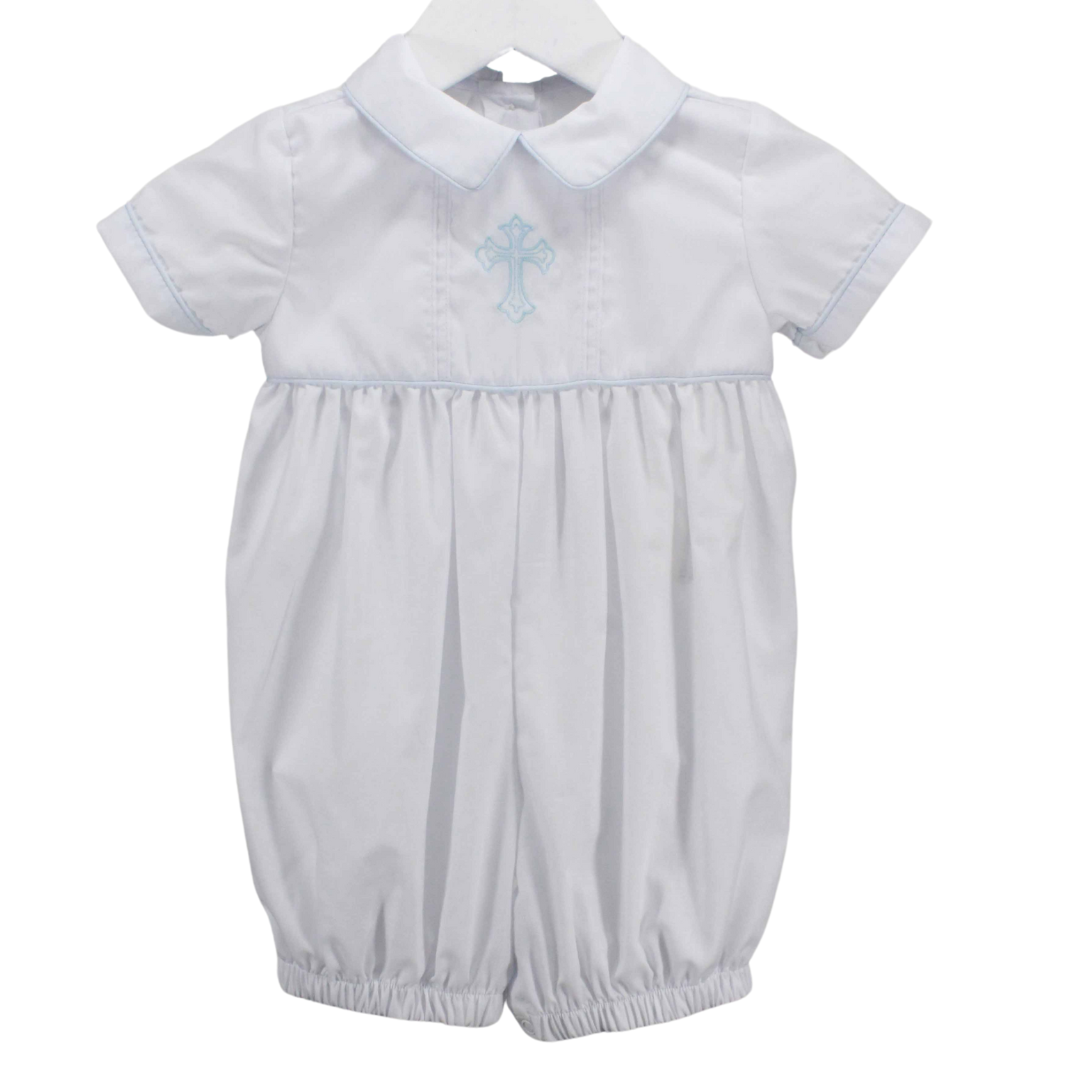 white baby boy traditional style romper.  Light blue piped Collar and short sleeves with an embroidered blue shadow stitch cross on the front.