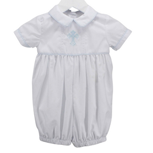 white baby boy traditional style romper.  Light blue piped Collar and short sleeves with an embroidered blue shadow stitch cross on the front.