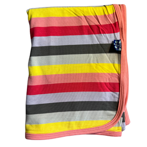 bamboo swaddling blanket striped in red, pink,silver, black, and yellow with pink trim