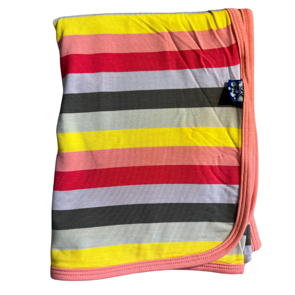 bamboo swaddling blanket striped in red, pink,silver, black, and yellow with pink trim