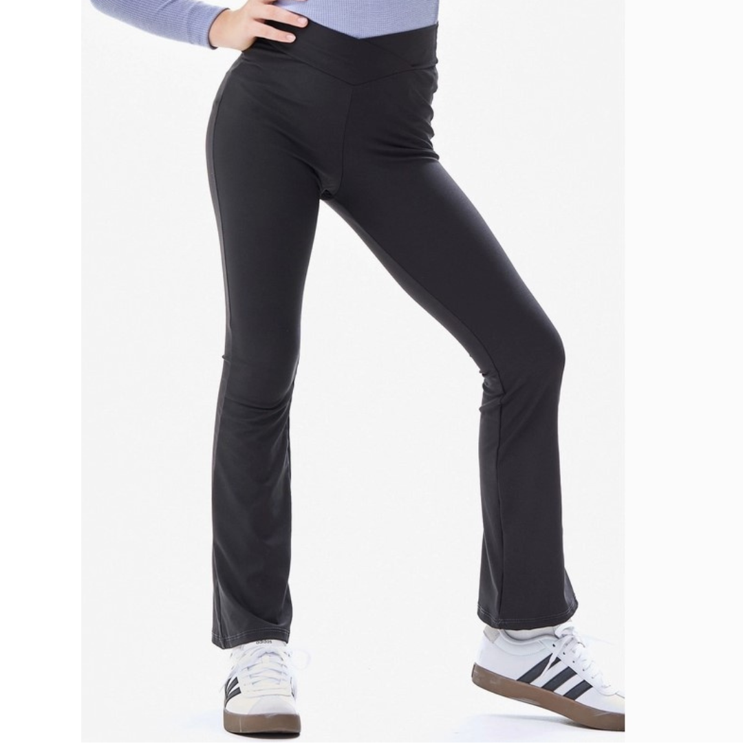 black stretchy athletic style flare pants with crossover waistband