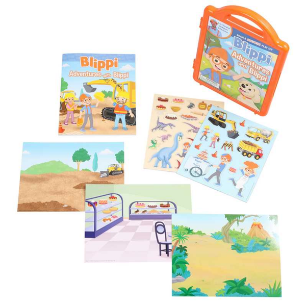 Blippi educational books and activity cards on a white background