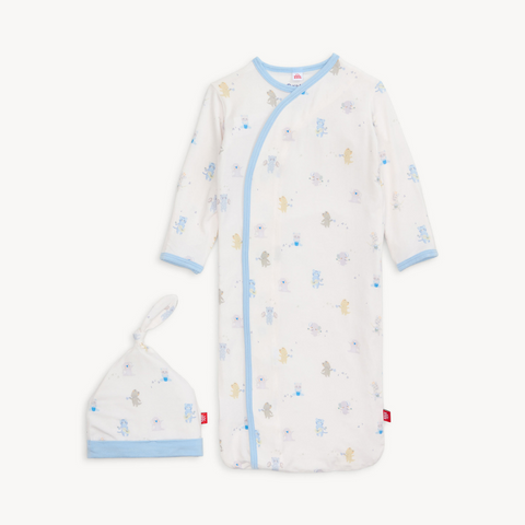 Soft TENCEL™ modal baby gown with matching hat, magnetic closure front, fold-over mittens, and closed bottom for warmth.