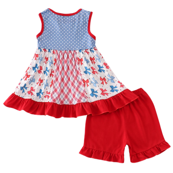 Back view of the same outfit showing the full red, white, and blue design