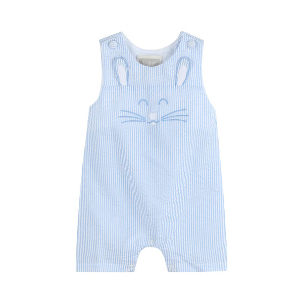 Blue Seersucker Bunny Face Shortalls