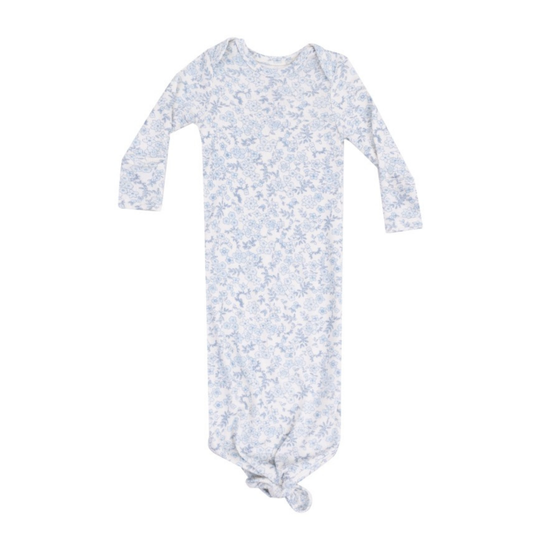 blue floral knotted gown.