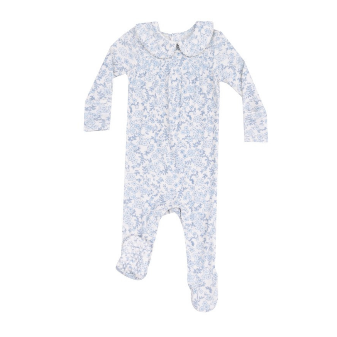 blue floral footie with a rounded collar. 