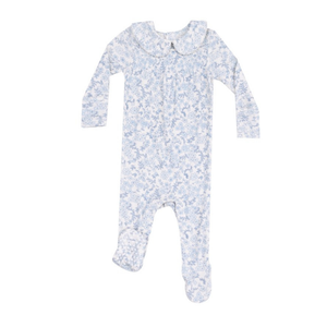 blue floral footie with a rounded collar. 